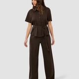Women's Linen Shirt Short Sleeved Espresso